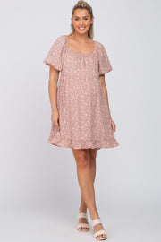 Pink Floral Smocked Square Neck Puff Short Sleeve Maternity Dress