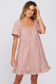 Pink Floral Smocked Square Neck Puff Short Sleeve Dress