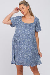 Blue Floral Smocked Square Neck Puff Short Sleeve Maternity Dress