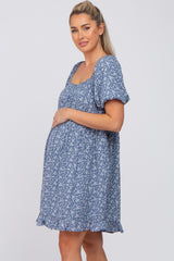 Blue Floral Smocked Square Neck Puff Short Sleeve Maternity Dress