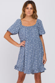 Blue Floral Smocked Square Neck Puff Short Sleeve Dress