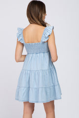 Light Blue Denim Square Neck Smocked Tiered Maternity Dress