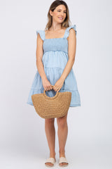 Light Blue Denim Square Neck Smocked Tiered Maternity Dress