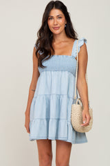 Light Blue Denim Square Neck Smocked Tiered Dress