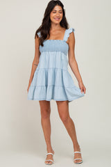 Light Blue Denim Square Neck Smocked Tiered Dress