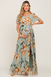 Sage Floral Chiffon Short Sleeve Maternity Maxi Dress