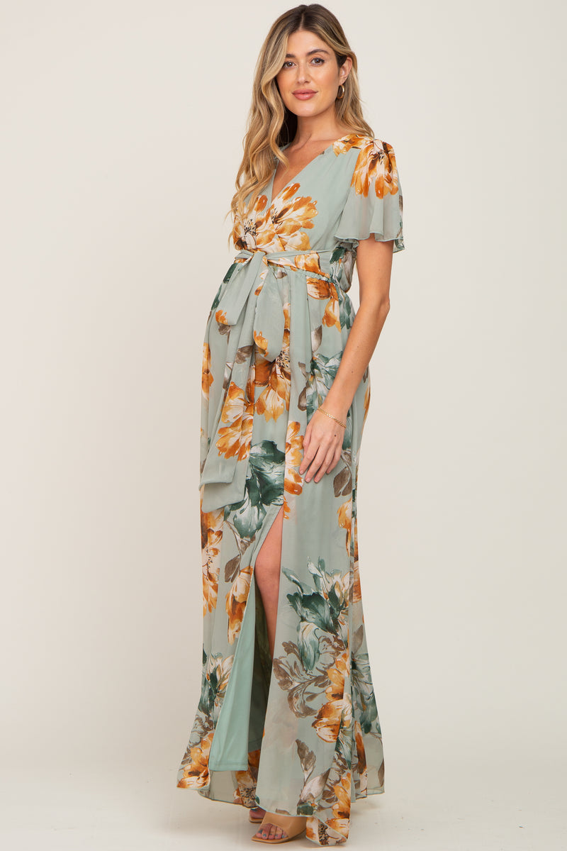 Sage Floral Chiffon Short Sleeve Maternity Maxi Dress– PinkBlush