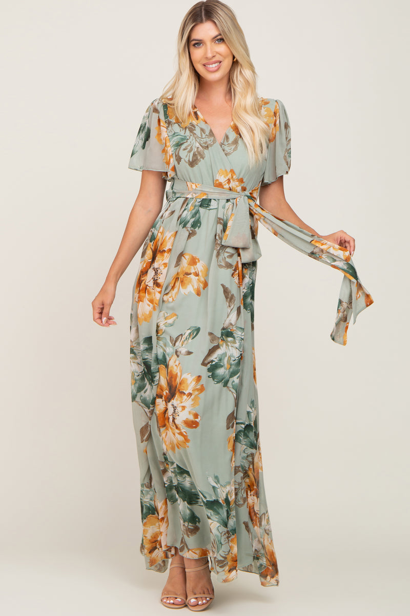 Sage Floral Chiffon Short Sleeve Maxi Dress– PinkBlush