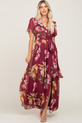 Burgundy Floral Chiffon Short Sleeve Maxi Dress