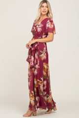 Burgundy Floral Chiffon Short Sleeve Maxi Dress