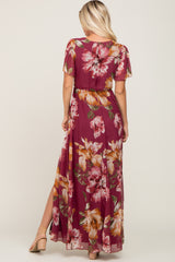 Burgundy Floral Chiffon Short Sleeve Maxi Dress