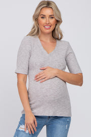 Heather Grey Ribbed Lace Trim Maternity Top