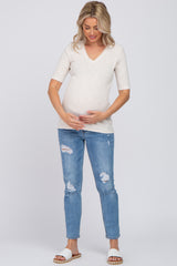 Beige Ribbed Lace Trim Maternity Top