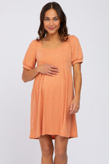 Orange Ribbed Short Sleeve Maternity Dress