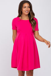 Fuchsia Short Sleeve Front Pleat Maternity Dress