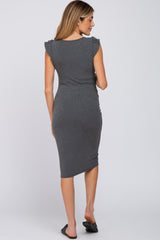 Charcoal Flounce Sleeve Ribbed Maternity Dress