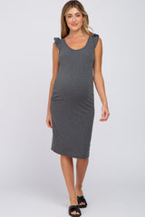 Charcoal Flounce Sleeve Ribbed Maternity Dress