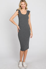 Charcoal Flounce Sleeve Ribbed Maternity Dress