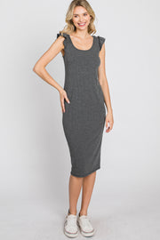 Charcoal Flounce Sleeve Ribbed Dress