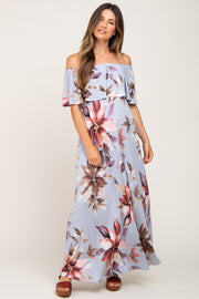 Light Blue Floral Off Shoulder Maternity Maxi Dress