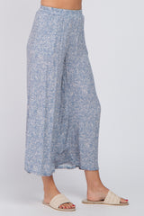 Blue Leaf Print Wide Leg Cropped Pants