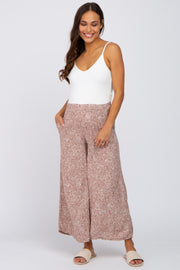 Taupe Leaf Print Wide Leg Cropped Maternity Pants