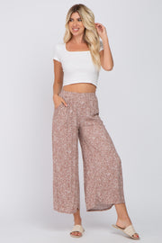 Taupe Leaf Print Wide Leg Cropped Pants