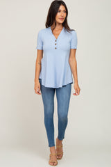 PinkBlush Light Blue Ribbed Button Accent Blouse