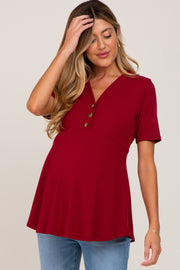 PinkBlush Burgundy Ribbed Button Accent Maternity Blouse