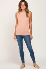 Peach Ribbed Ruffle Tank Top