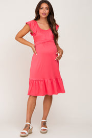 Coral Tie Back Flounce Sleeve Maternity Midi Dress