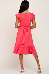 Coral Tie Back Flounce Sleeve Midi Dress