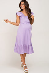 Lavender Tie Back Flounce Sleeve Maternity Midi Dress