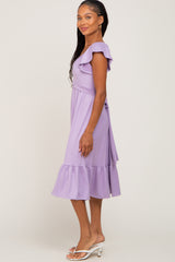 Lavender Tie Back Flounce Sleeve Midi Dress