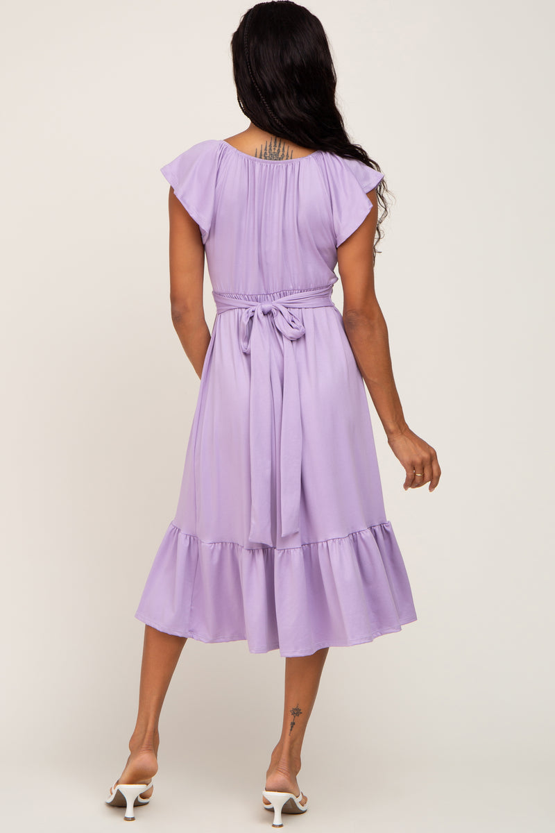 Lavender Tie Back Flounce Sleeve Midi Dress Pinkblush