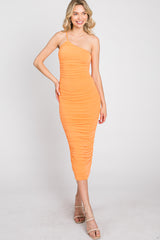 Orange One Shoulder Ruched Midi Dress