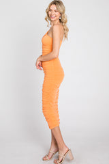 Orange One Shoulder Ruched Midi Dress