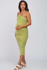 Light Green One Shoulder Ruched Maternity Midi Dress