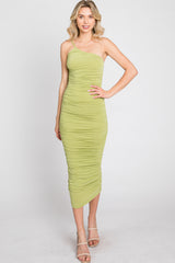 Light Green One Shoulder Ruched Midi Dress