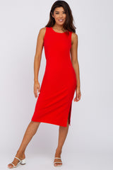 Red Ribbed Maternity Midi Dress