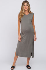 Olive Sleeveless Front Pocket Maternity Midi Dress