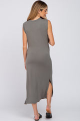 Olive Sleeveless Front Pocket Maternity Midi Dress