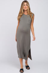 Olive Sleeveless Front Pocket Maternity Midi Dress