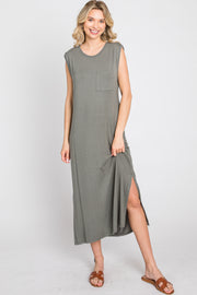 Olive Sleeveless Front Pocket Midi Dress