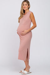 Mauve Sleeveless Front Pocket Maternity Midi Dress