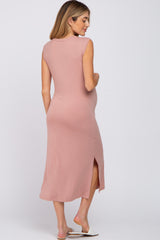 Mauve Sleeveless Front Pocket Maternity Midi Dress