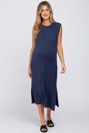 Navy Sleeveless Front Pocket Maternity Midi Dress