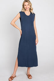 Navy Sleeveless Front Pocket Midi Dress