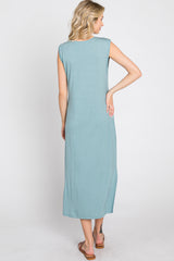 Light Teal Sleeveless Front Pocket Midi Dress