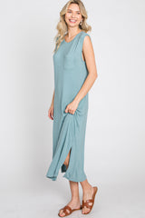 Light Teal Sleeveless Front Pocket Midi Dress